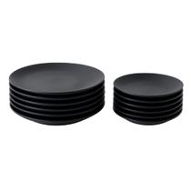 Jogo 12 Pratos Cerâmica Sobremesa e Raso Orgânicos Preto Mat