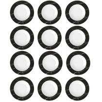 Jogo 12 Pratos Fundos em Porcelana 23cm Estampa Mármore Preto Germer Nero Redondos