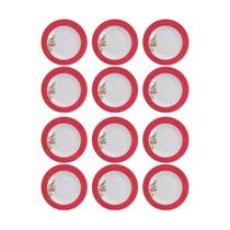 Jogo 12 Pratos Natalinos de Sobremesa Ø17,5cm Uso Frequente Azevinho Melamina.