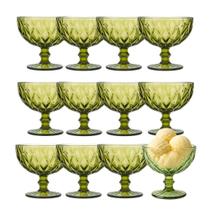 Jogo 12 Taça de Sobremesa Sorvete Coquetel de Vidro Diamante Verde 310ml Class Home