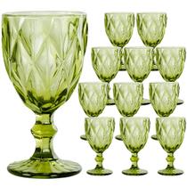 Jogo 12 Taças de Vidro Luxo Diamond Verde Transparente 310ml Vinho Água Drinks Grosso Resistente Diamante - Cortelux