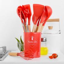 Jogo 12 Talheres Colheres De Silicone Espátula De Silicone Utensílios de Cozinha Cabo Bamboo - Vermelho