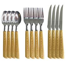 Jogo 12 Talheres De Mesa Faca Colher Garfo Inox Cabo Imita Madeira