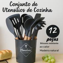 Jogo 12 Utensílios Cozinha Silicone Cabo Madeira Fácil Uso Preto Jogo 12 Utensílios Cozinha Silicone Cabo Madeira Fácil Uso Preto