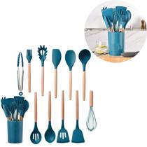 Jogo 12 Utensílios de Cozinha Silicone e Madeira Premium