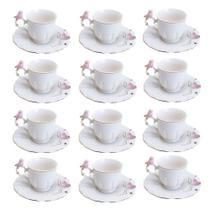 Jogo 12 Xícara de Café Porcelana Rosa e Branca Birds Pássaro com Pires 100ml Wolff