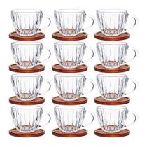Jogo 12 Xícara de Café Vidro Cristal com Pires de Madeira Acácia Montecarlo 80ml Haüskraft Premium