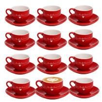 Jogo 12 Xícara de Chá Cappuccino de Porcelana 160ml Vermelha Coração Lamour Haüskraft