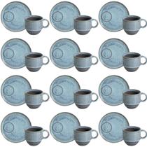 Jogo 12 Xícaras de Chá Empilhável com Pires Azul 230ml Linhas Breeze Mesa Posta Café da Manhã Porto Brasil