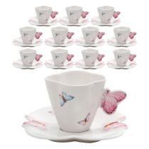Jogo 12 Xicaras de Chá Porcelana com Pires Borboletas 200ml Wolff