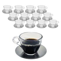 Jogo 12 Xícaras Lisa De Café Chá Vidro Com Pires Inox Tiffany 85ml Expresso Transparente