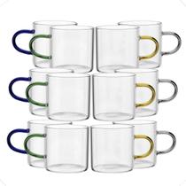 Jogo 12Xícara Transparente Borossilicato Alça Colorida 100ml.