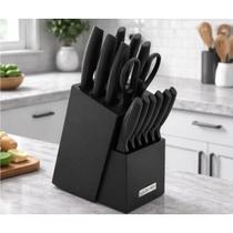 Jogo 14 Peças Facas Aço Inox Preto Suporte Madeira Cozinha Preto