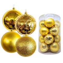 Jogo 16 Bolas Natal Mista Luxo Textura Boneco de Neve Dourado 10cm - Master Christmas