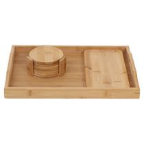 Jogo 2 Bandejas de Bambu e Porta Copos Madeira Resistente