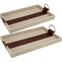 Jogo 2 bandejas decorativa para servir retangular home&co com alças em metal dourado mdf bege