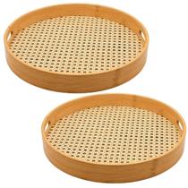 Jogo 2 Bandejas Redondas de Bambu 35cm Alça Textura Palhinha Indiana Oikos Multiuso Servir Decorar