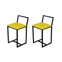 Jogo 2 Banqueta Baixa Para Cozinha Preta Industrial Estofado Amarelo