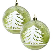 Jogo 2 Bolas Natal Verde Decorada Translúcida Pinheiro Nevado 10cm - Magizi Jogo 2 Bolas Natal Verde Decorada Translúcida Pinheiro Nevado 10cm - Magizi