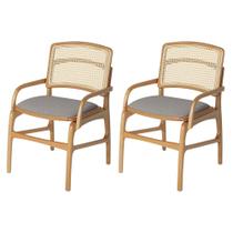 Jogo 2 Cadeiras de Jantar Florença Estrutura em Madeira Jequitibá Natural Braço Encosto Palha Linho Cinza