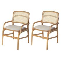 Jogo 2 Cadeiras para Jantar Florença em Madeira Jequitibá Natural Braço Encosto Palha Linho Bege