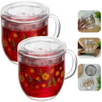 Jogo 2 Canecas De Chá Com Infusor 330ml Vidro Primavera Florida Luxo Incolor Flores