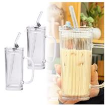 Jogo 2 Canecas de Vidro Com Tampa e Canudo 250ml Copo Com Tampa Vidro Canelado