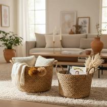 Jogo 2 Cestos Decorativos Organizadores Multiuso Em Fibra Natural Com Pompom