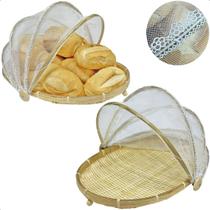 Jogo 2 Cestos Porta Pães Bolos Bambu Cobertura Retrátil 43cm