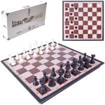 Jogo 2 em 1 xadrez com 32 pcs + dama 24 pecas com tabuleiro magnetico