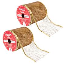 Jogo 2 Fitas Aramada Decorativa Natal Dourada Glitter Luxo Telada 10cm x 9m Ideal para Laços, Árvores e Guirlandas Jogo 2 Fitas Aramada Decorativa Natal Dourada Glitter Luxo Telada 10cm x 9m Ideal para Laços, Árvores e Guirlandas