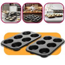Jogo 2 Formas Antiaderente Cupcake Com 6 Lugares Lyor Premium Preto De Aço Carbono