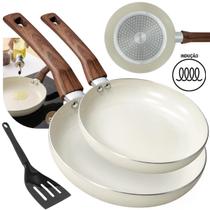 Jogo 2 Frigideiras Fogão De Indução Cerâmica Antiaderente Gourmet 20 22cm Multiflon Cor Vanilla