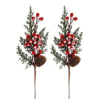 Jogo 2 Galhos Pick Decorativo Natal com Folhagens, Pinhas e Cereja Nevada 30cm - Art Christmas