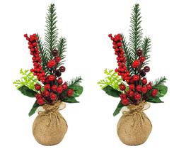 Jogo 2 Mini Arranjo Natalino Saco Linho Rústico Decor Enfeite de Mesa 28cm - Yangzi