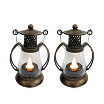 Jogo 2 Mini Lamparinas LED Decorativa Ouro Envelhecido 11cm Vela Artificial Branco Quente com Alça