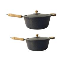 Jogo 2 Panelas Caçarolas Alumínio Craqueado com cabo de madeira 26 e 28cm