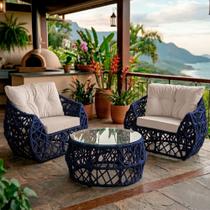 Jogo 2 Poltronas e Mesa de Centro Tampo de Vidro Aço e Corda Náutica Azul Aruá material sintético Branco