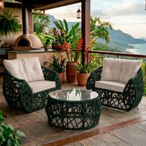 Jogo 2 Poltronas e Mesa de Centro Tampo de Vidro Aço e Corda Náutica Verde Aruá material sintético Branco