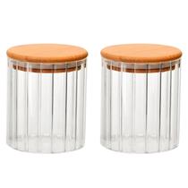 Jogo 2 Potes Porta mantimento de vidro Canelado Frisado com tampa bambu 500 ml 09x11 cm