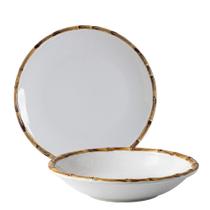 Jogo 2 Prato Branco Fundo de Sobremesa de Cerâmica Borda de Bambu Scalla 20cm