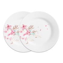 Jogo 2 Prato Raso de Porcelana Branco Flowers Bord 25,5cm Em Casa Tem