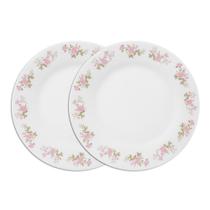 Jogo 2 Prato Raso de Vidro Branco Flowers Pink 25,5cm Em Casa Tem