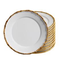 Jogo 2 Prato Sobremesa de Cerâmica Branco Borda de Bambu Grossa 20cm Flat Scalla