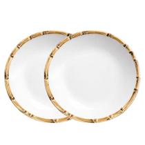 Jogo 2 Pratos de Sobremesa Pequenos em Cerâmica Borda de Bambu Branco Cerâmica Scalla Jogo 2 Pratos de Sobremesa Pequenos em Cerâmica Borda de Bambu Branco Cerâmica Scalla