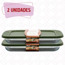 Jogo 2 Travessas Refratária Vidro Retangar 3L Com Tampa Silicone