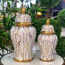 Jogo 2 Vasos Decorativo Porcelana Branco Dourado 37X17 50X24 - Vacheron