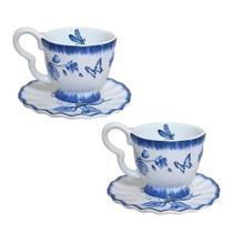 Jogo 2 Xícara De Café Cerâmica Azul E Branca Demoiselle Scalla 100ml