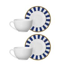Jogo 2 Xícara de Café com Pires de Cerâmica Branca Stripe Azul Alleanza 80ml