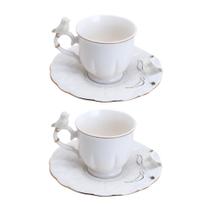 Jogo 2 Xícara de Café Porcelana Birds Branca Fio Dourado Pássaro com Pires 100ml Wolff